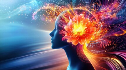 Radiant Mind Bloom: A human silhouette with a glowing, blooming flower in place of the head, symbolizing positive thoughts and emotional growth