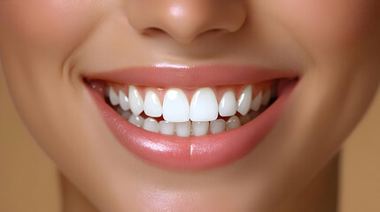 Obraz premium Close-up of a smiling face showcasing bright, white teeth and healthy lips.