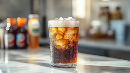 Chilled glass of soda with ice cubes on a counter.