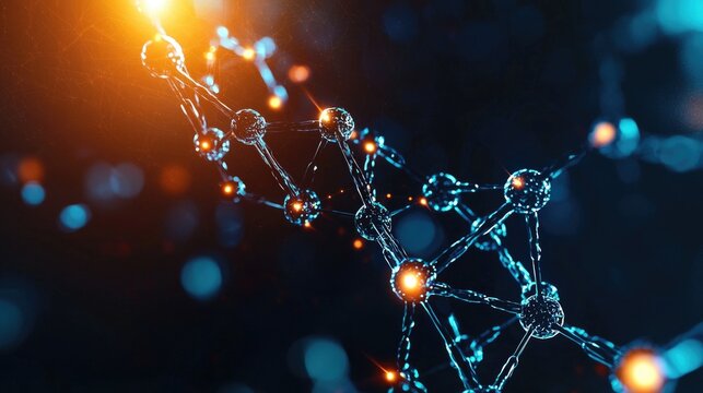 Molecules linking together in polymerization, forming long chains with glowing bonds, Molecule polymerization, chemical synthesis