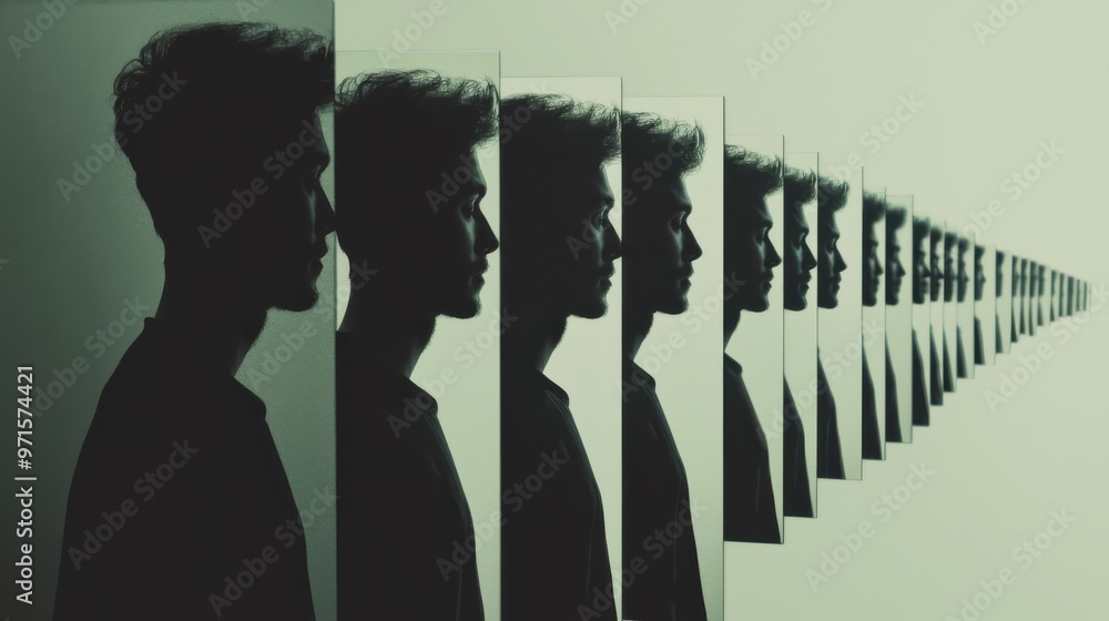 Poster reflection of self: a person standing in front of a mirror, with multiple versions of themselves ref