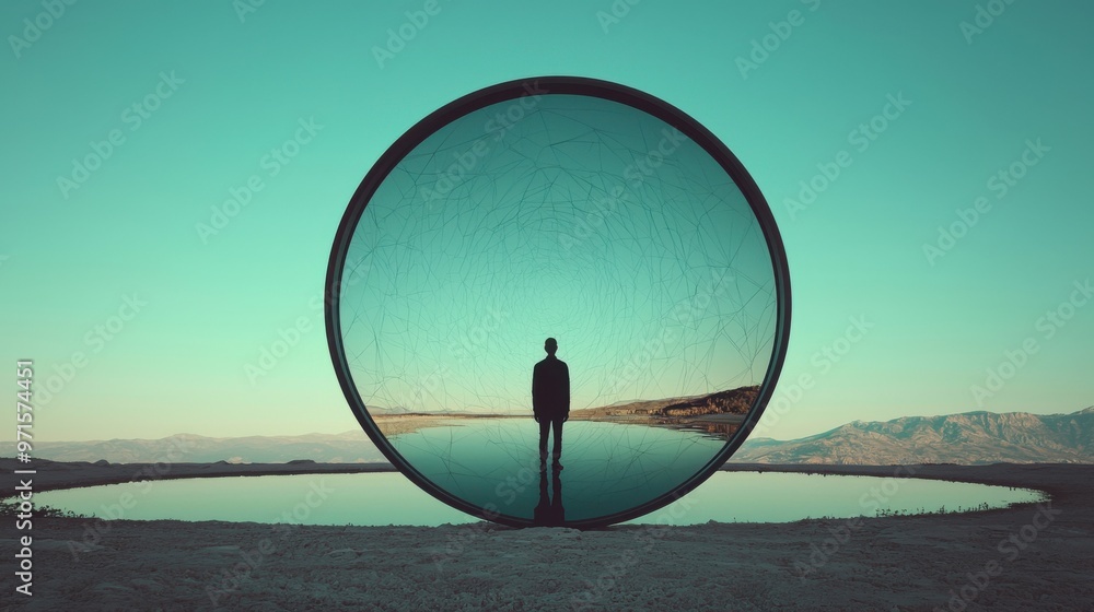 Poster reflection of destiny: a person standing in front of a large mirror, but instead of seeing their ref