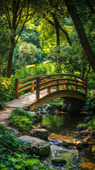 Fototapeta premium A small wooden bridge crossing tranquil stream in lush green forest