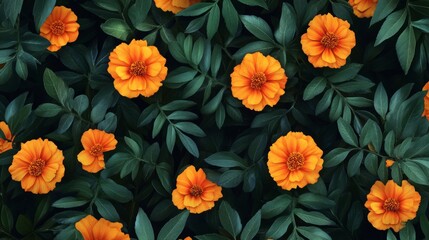 Floral pattern with orange marigolds and deep green leaves generative ai