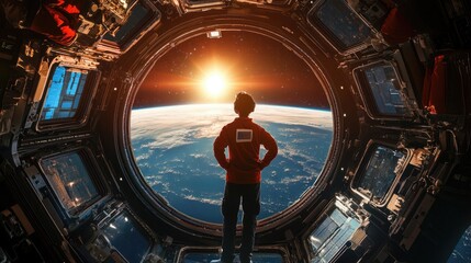 An astronaut looks out of a spaceship window at the Earth and the sun rising over the horizon.