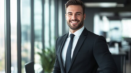 Fototapeta premium Smart and confident male lawyer wearing professional suit and tie standing smiling looking at camera in office