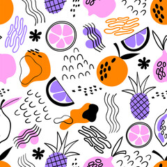 Tropical abstract seamless pattern. Abstract fruits with different geometric shapes. Abstract background. Pattern for textile, wrapping paper, background.