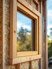 Newly installed wooden window frame in an unfinished building.
