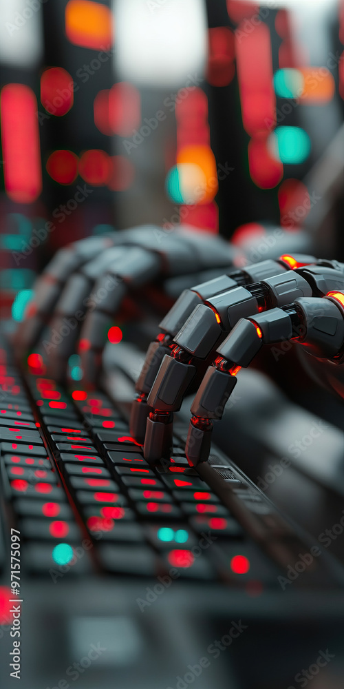 Aufkleber a close-up of a robotic hand typing on a keyboard, showcasing advanced technology and a futuristic a