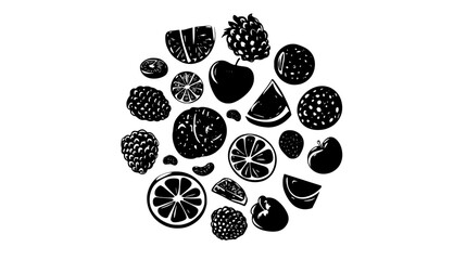 Chocolate-covered fruits arranged in a circular pattern on a flat surface, vector illustration art