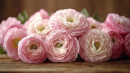 Fototapeta premium Pink flowers on wooden table, vase with pink flowers adjacent