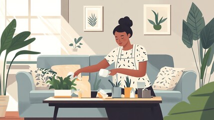Illustration of a woman carefully cleaning the living room table.
