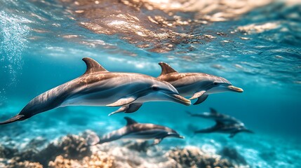 Obraz premium A group of dolphins swimming playfully in the turquoise waters of a tropical sea