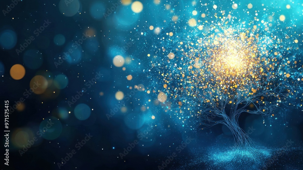 Poster rising tree of relationships: a tree with glowing figures as leaves, each branch representing differ