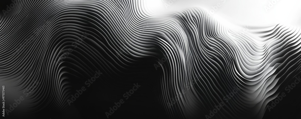 Poster abstract black and white wavy lines forming a dynamic pattern