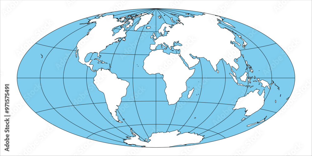Poster this vector representation of a world map uses the aitoff projection to display geographical feature