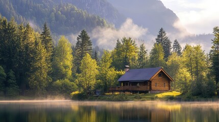 Fototapeta premium charming log cabin nestled by serene lake surrounded by lush forest misty mountains in background golden hour lighting