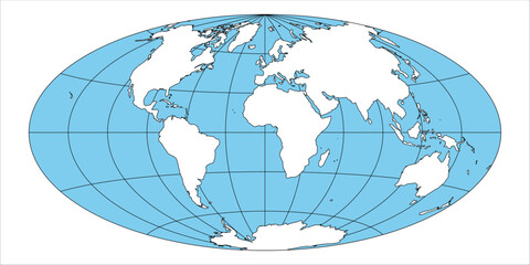 This vector representation of a world map uses the Aitoff projection to display geographical features and boundaries of continents and oceans in a visually appealing format
