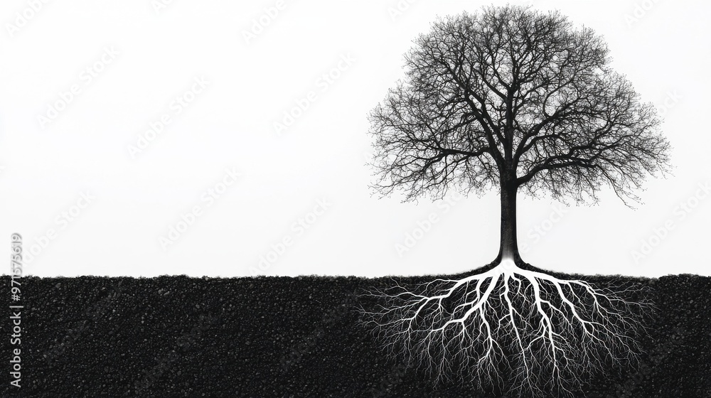 Poster roots of behavior: a tree with roots that represent daily actions, and as the roots deepen, they tur