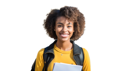 Young curly student woman wearing backpack carrying books on transparent background PNG.

