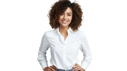 Smiling businesswoman in white on transparent background PNG.
