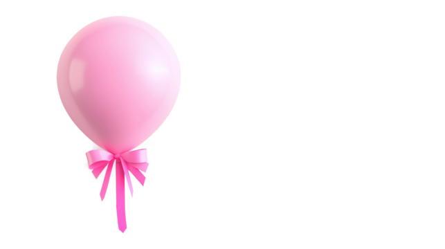 A pink balloon with a pink ribbon tied to it. The balloon is floating in the air and is the main focus of the image