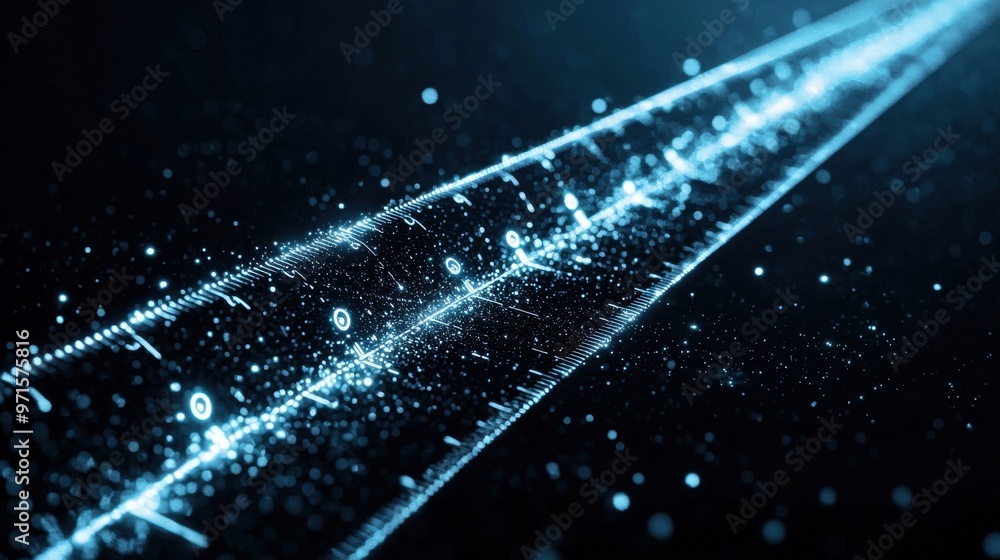 Poster ruler of achievement: a glowing ruler stretching through space, with each measurable unit highlighte