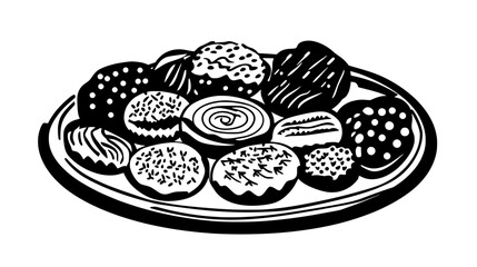 Cookies decorated with festive patterns displayed on a serving plate, ready for distribution, vector illustration art