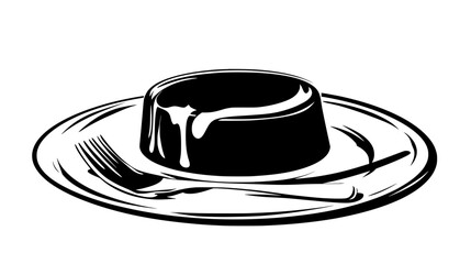 A glass dish with a pool of smooth caramel sauce, placed on a simple table setting, vector illustration art