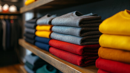 Neatly folded colorful sweaters on shelves in a retail shop.