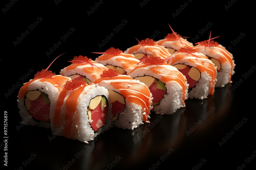 Wall mural Sushi on black background. Sushi themes. Asian cuisine themes. Asian restaurant. Sushi making. PNG cut out. Image for graphic designer. Image for flyers.