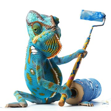 A chameleon painter, painting walls with a paint roller, abstract style, isolated on white background