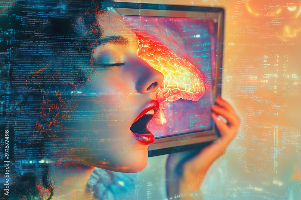 Aufkleber a young creative individual experiences an imaginative journey while holding a glowing brain graphic