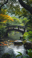 A serene stone bridge in lush Japanese garden, surrounded by vibrant greenery and koi fish