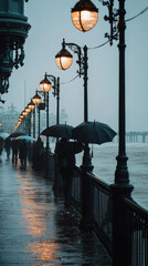Obraz premium A rainy scene with umbrellas and street lamps illuminating wet walkway