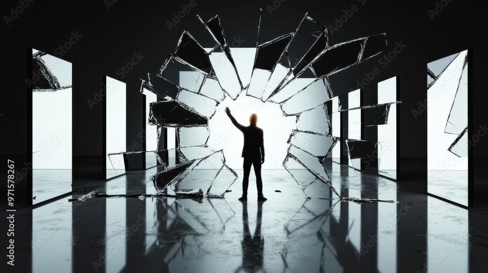 Poster shattered mirrors of doubt: a person standing in front of a series of mirrors reflecting distorted i