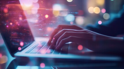 Typing on Laptop with Glowing Digital Data