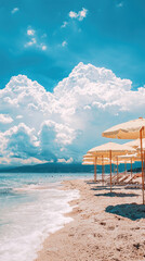 Fototapeta premium Sunny beach umbrellas dotting shoreline create serene atmosphere