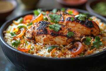 Fototapeta premium Savoring a delicious plate of Hyderabadi Chicken Biryani topped with fresh herbs and spices in a cozy setting