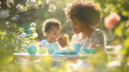 Joyful mother and her adorable baby enjoying an enchanting tea party in a beautiful garden setting