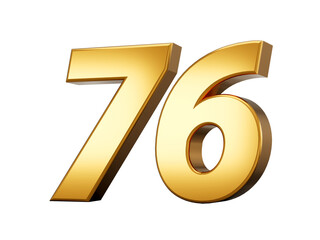 Gold number 76 Seventy Six isolated white background. shiny 3d number made of gold 3d illustration

