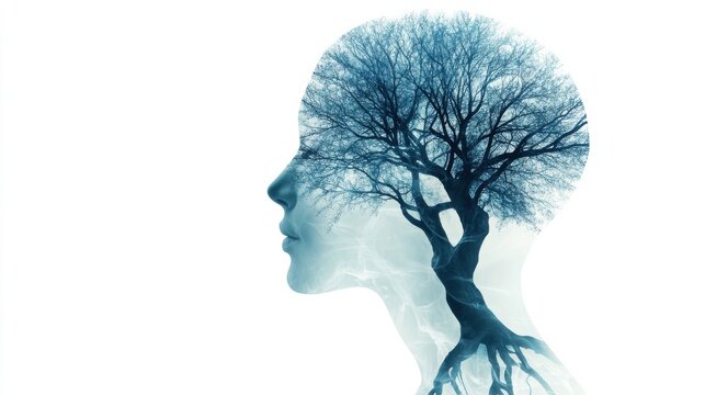 Silhouette of a human head with tree branches extending from the brain, symbolizing intelligence and growth
