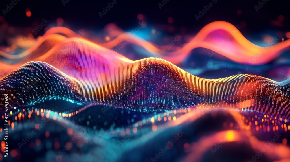 Poster abstract colorful waves of light and particles.