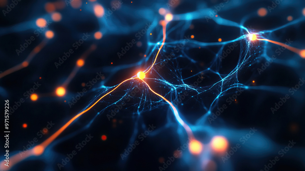 Poster abstract illustration of neural connections with glowing nodes and dynamic lines, symbolizing innova