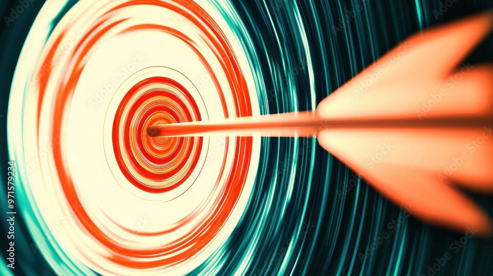Poster single arrow to the target: an abstract scene with multiple swirling arrows, but only one bright, st