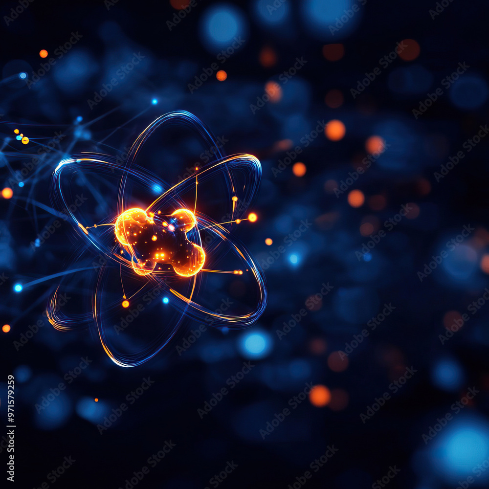 Poster abstract representation of an atom with glowing particles, illustrating concepts of science, energy,