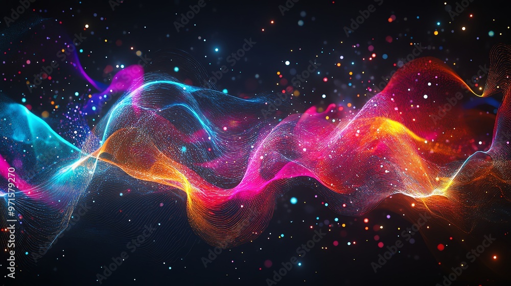 Poster abstract colorful glowing waves with particle effects on a dark background.