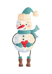 Charming and festive Snowman with a heart perfect for your Winter Holiday Decorations. Cute childrens Christmas character. illustration in watercolor style. For sticker, postcard, design element.