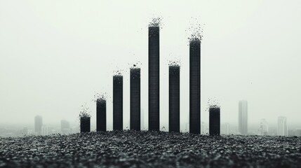 Sinking Bar Graphs: A series of bar graphs shaped like skyscrapers that appear to be sinking into the ground, with the top of the graphs disappearing into a foggy atmosphere
