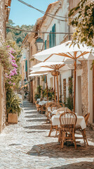 Obraz premium Cozy outdoor cafe with umbrellas in Mediterranean alleyway, perfect for relaxation